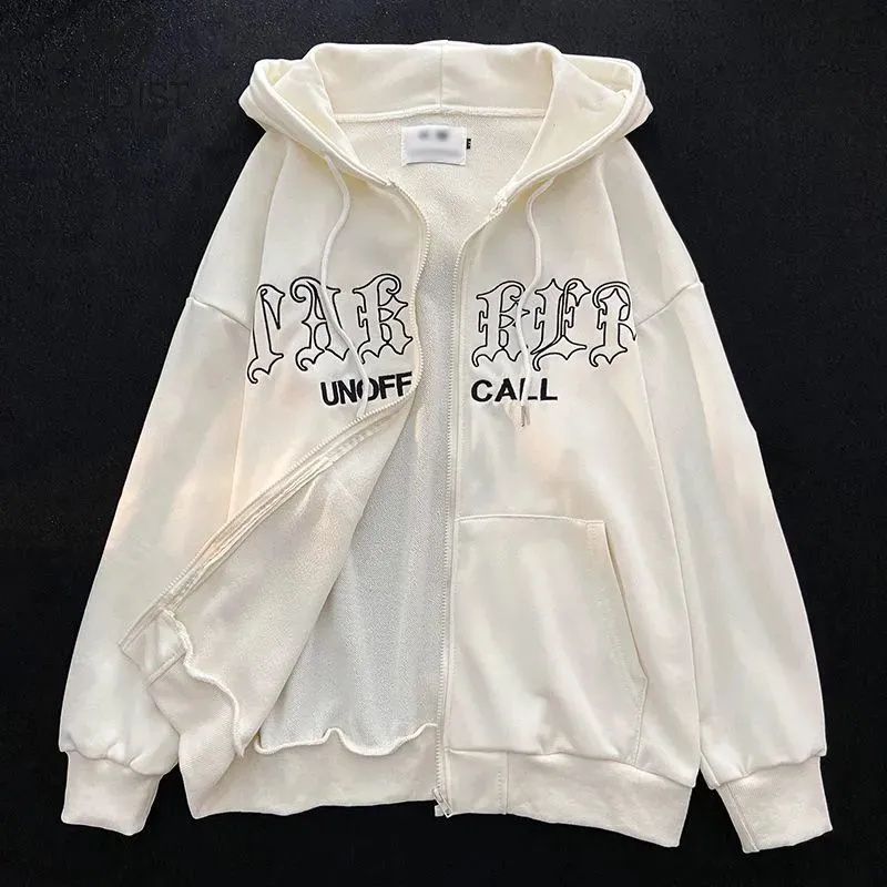 American retro letter print hooded cardigan sweater male and female student trend oversize couple loose coat