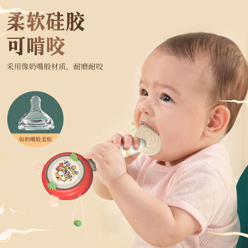 新生儿拨浪鼓手摇铃可啃咬牙胶玩具国潮宝宝婴儿0-6个月中国风