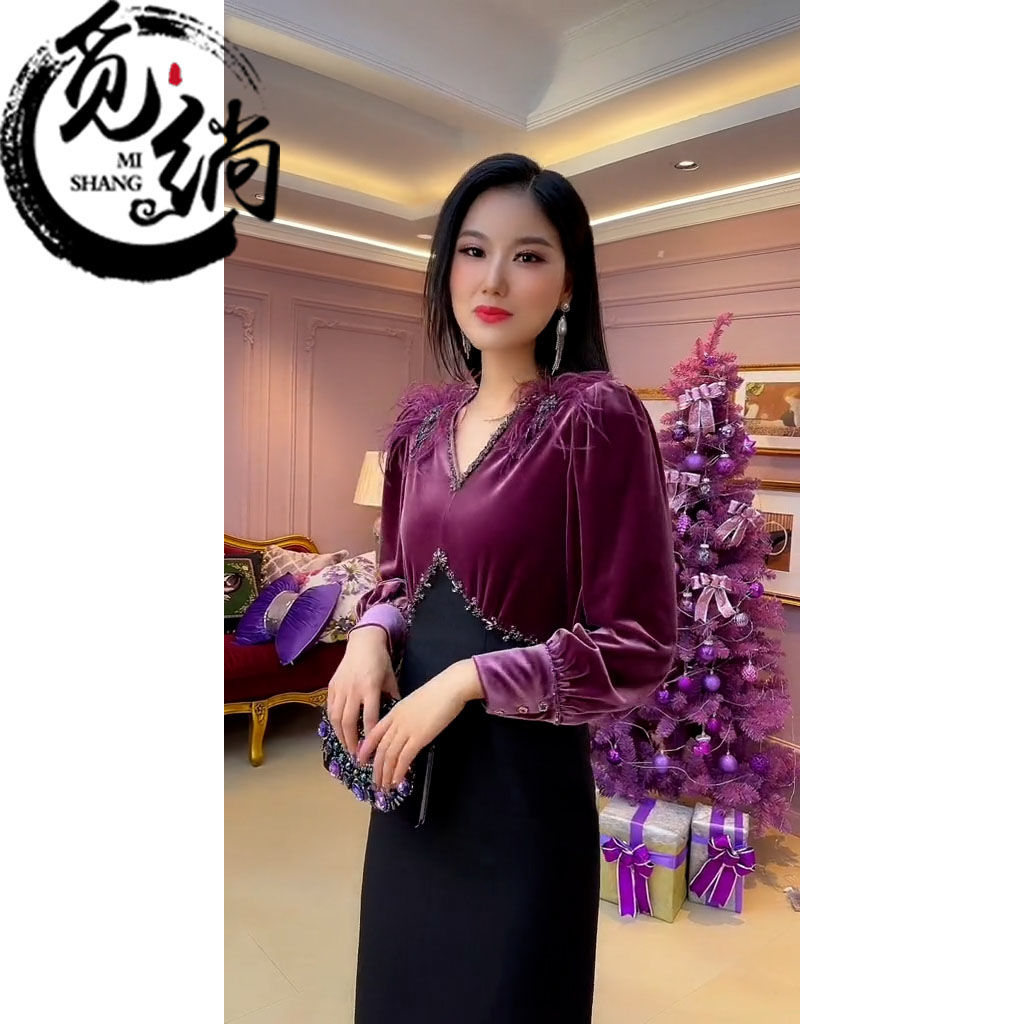 早春2023新款專櫃高端重工燙鑽a字裙女氣質顯瘦遮肉闊太太連衣裙