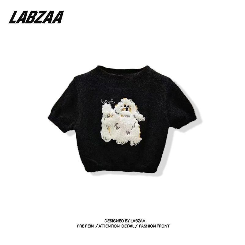 LABZAA pure desire style short-sleeved knitted sweater women's summer fun cartoon puppy pattern hot girl slim short top
