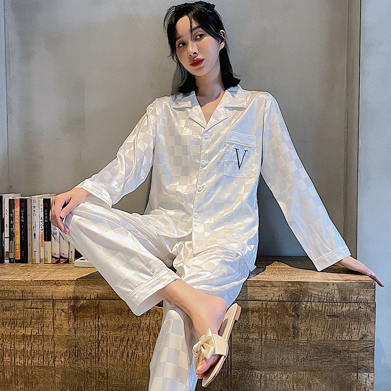 Pajamas women's ice silk jacquard high-value spring and autumn ins sweet long-sleeved cardigan dormitory summer home service suit