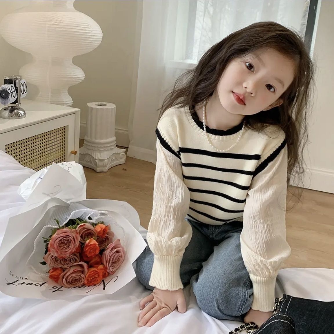 女童炸街套裝春秋2023新款春季洋氣網紅毛衣兒童牛仔闊腿褲兩件套