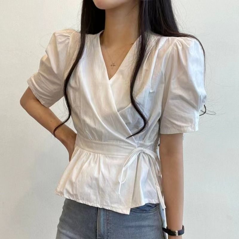 Korean chic summer design sense niche simple solid color V-neck back elastic tie waist short shirt women