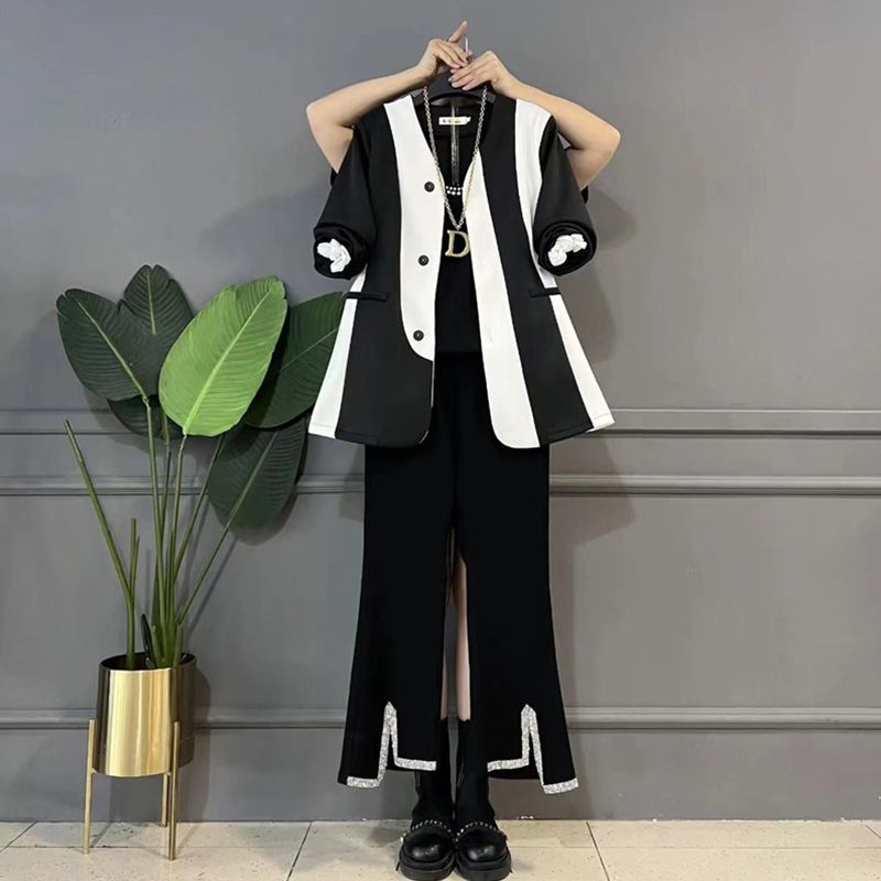 Fat mm temperament V-neck color matching suit jacket slim pants two-piece European fashion large size suit female