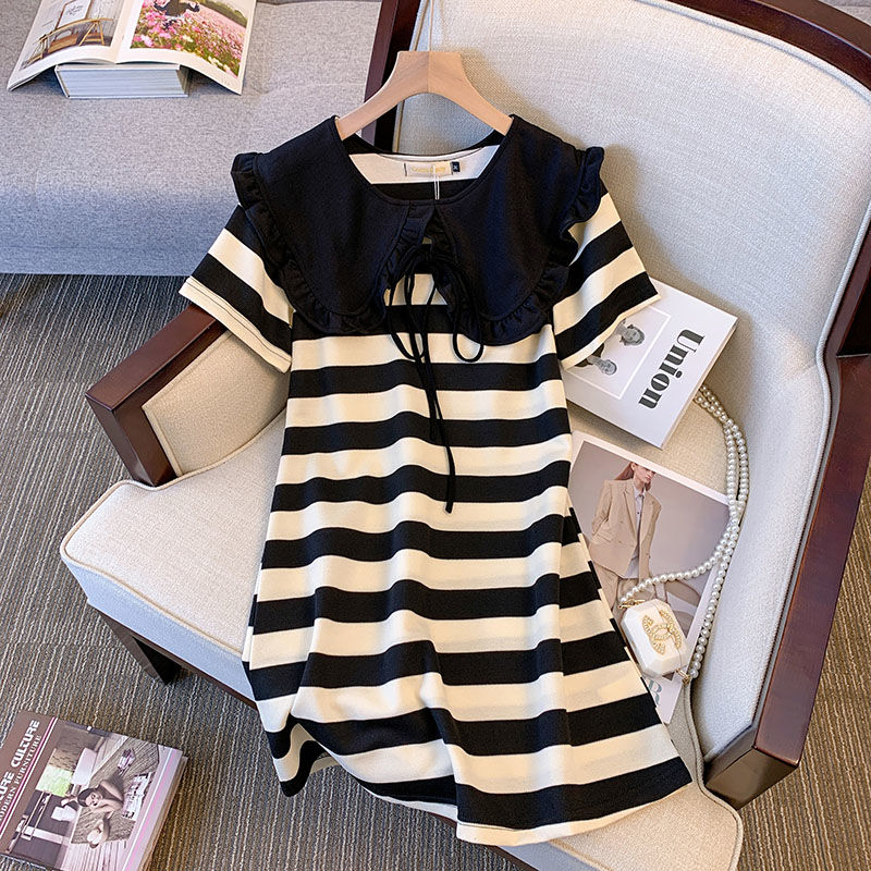 Large size fat mm striped doll collar dress summer new foreign style all-match slimming belly skirt 200 catties 300
