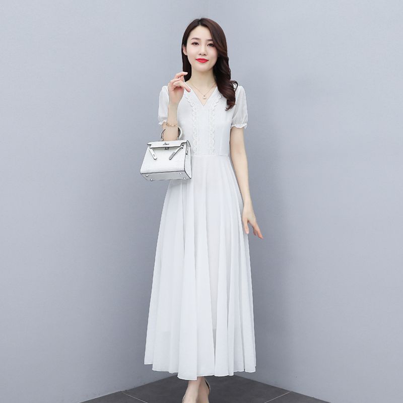 高檔輕奢雪紡連衣裙女2023新款夏天洋氣小香風氣質名媛純色長裙子