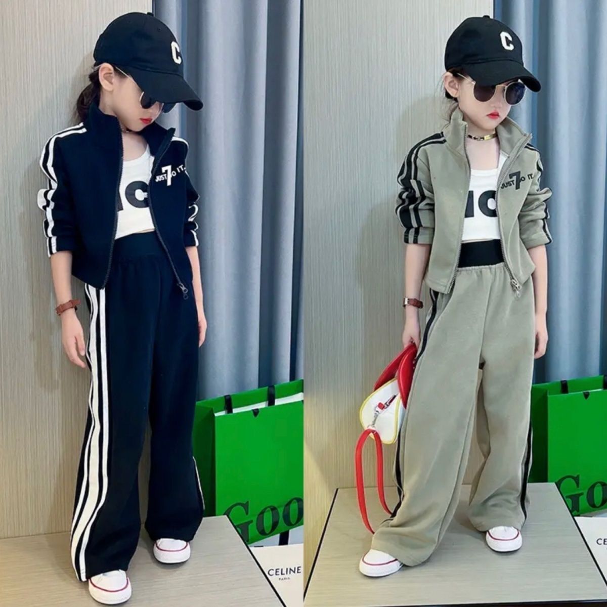 女童春裝套裝中大童時尚立領雙拉鏈上衣直筒闊腿褲休閒運動兩件套