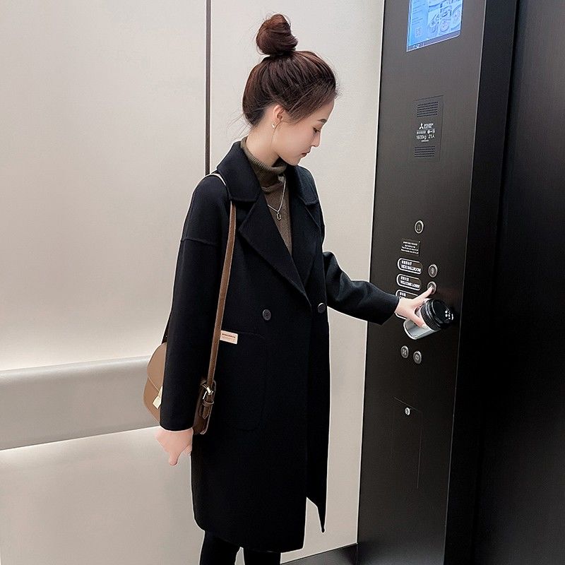 黑色雙面羊毛呢外套女中長款2023秋冬新款赫本風正肩羊毛大衣