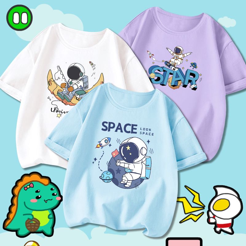 卡通动漫宇航员印花短袖童装夏季新款男童女童时尚上衣打底衫
