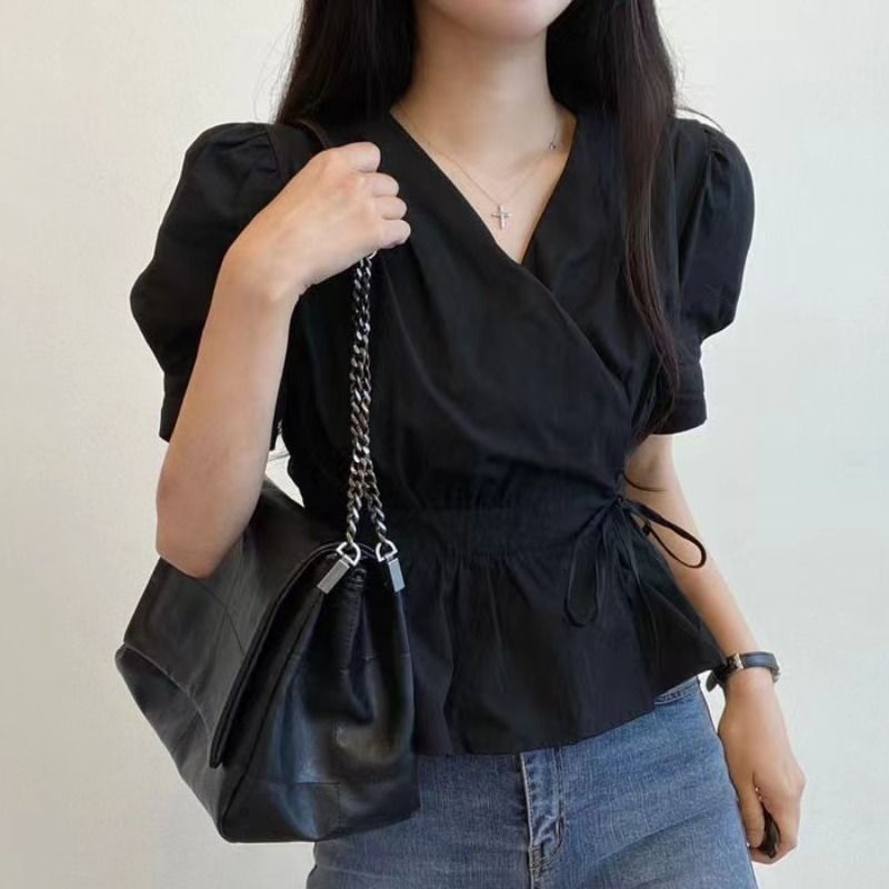 Korean chic summer design sense niche simple solid color V-neck back elastic tie waist short shirt women