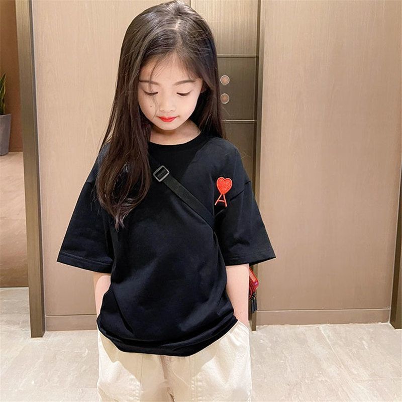 Children's cotton short-sleeved T-shirt  summer new Korean version of the big children's foreign style girls' loose embroidery clothes