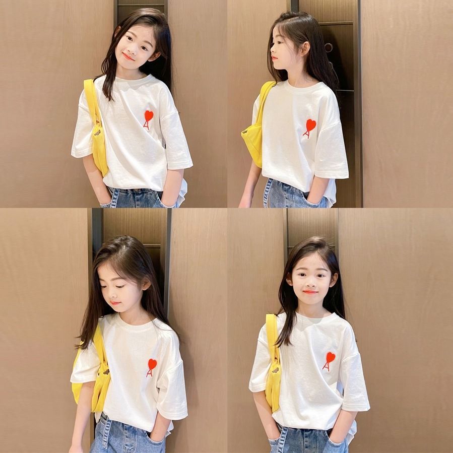 Children's cotton short-sleeved T-shirt  summer new Korean version of the big children's foreign style girls' loose embroidery clothes