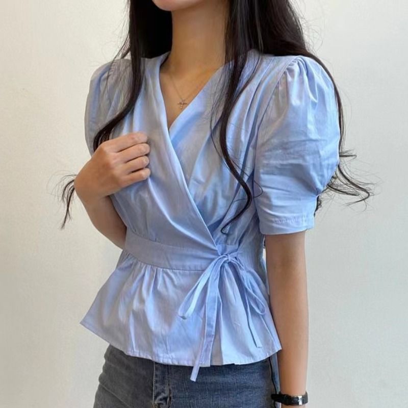 Korean chic summer design sense niche simple solid color V-neck back elastic tie waist short shirt women