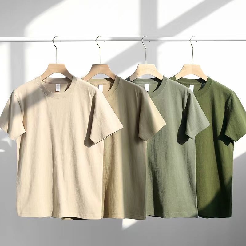 American khaki 200g heavyweight pure cotton thick right shoulder short-sleeved t-shirt solid color loose casual men and women basic half-sleeve