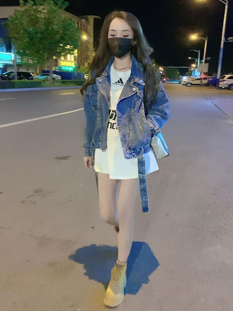 Lapel zipper denim jacket women's motorcycle jacket small coat short section small man spring outerwear jacket women