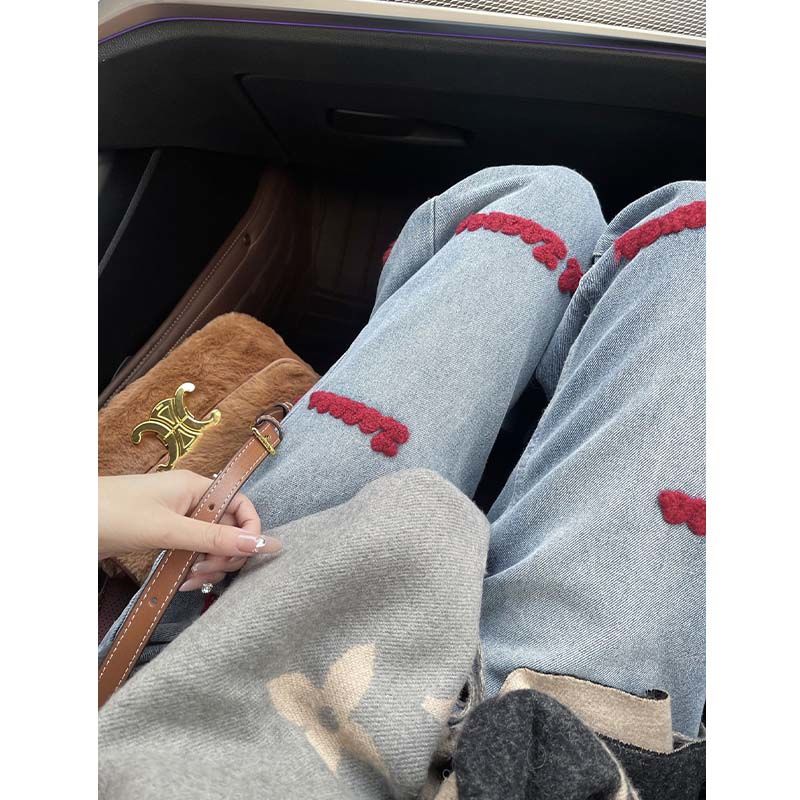 美式高街復古刺繡牛仔褲女春秋胖妹妹大碼直筒闊腿褲高腰顯瘦褲子