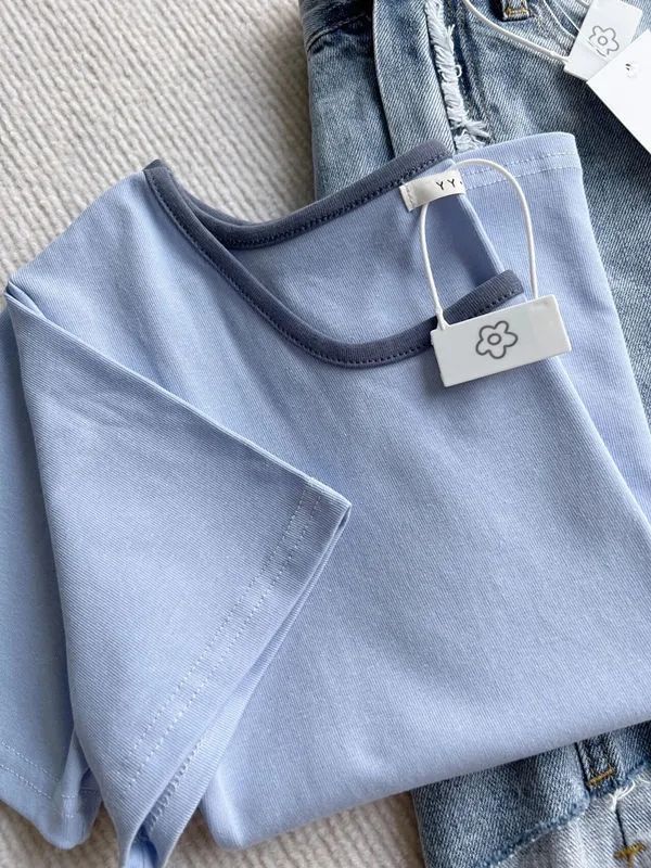 Square collar front shoulder T-shirt women's short-sleeved design sense summer new slim fit thin all-match short navel ins top trendy