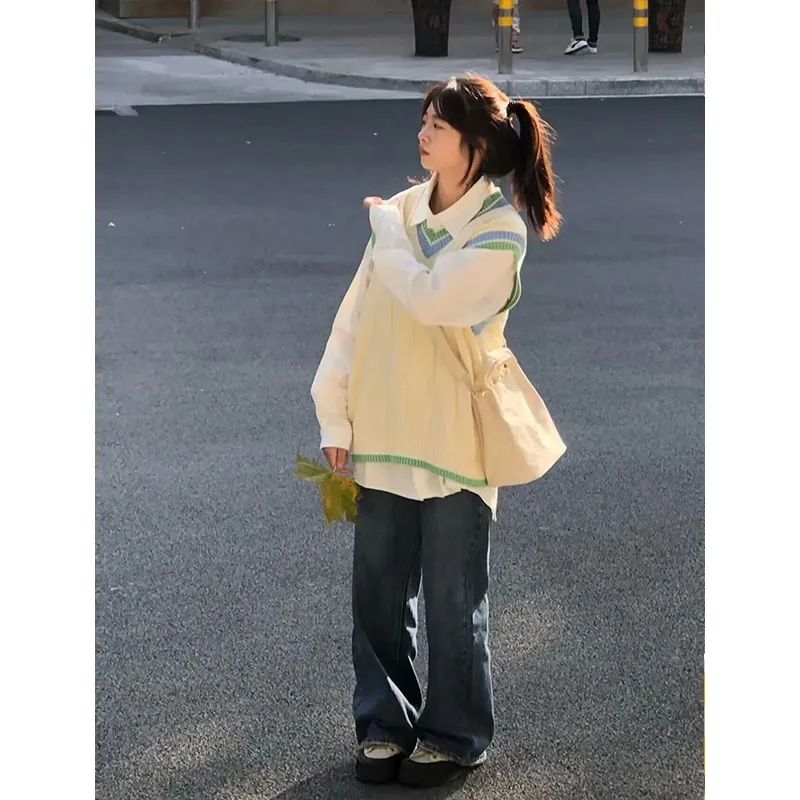 两件套装春秋韩系学院风条纹针织毛衣叠穿马甲背心搭配衬衫女上衣