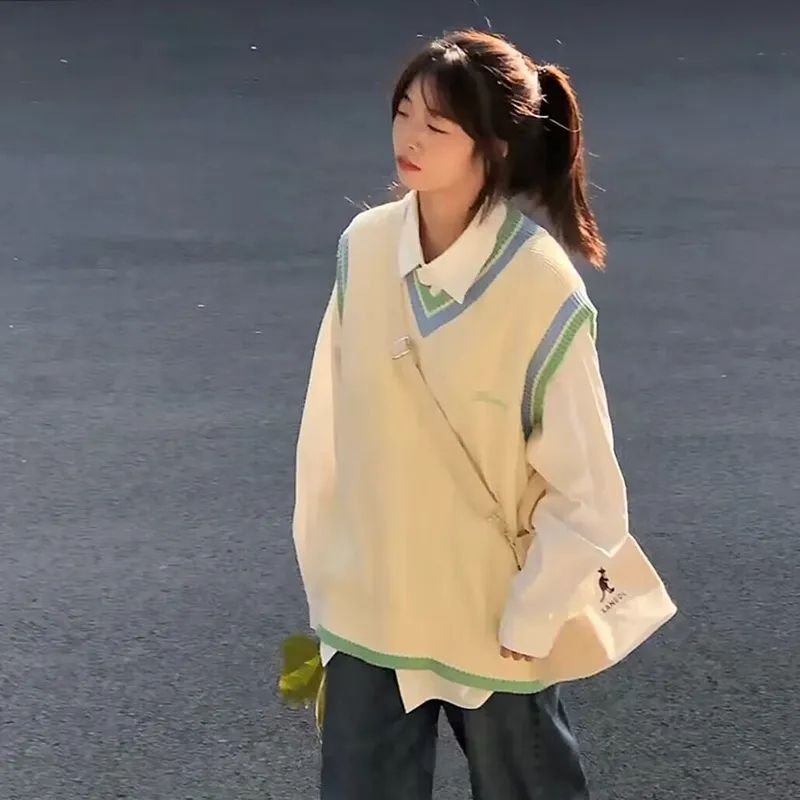 兩件套裝春秋韓系學院風條紋針織毛衣疊穿馬甲背心搭配襯衫女上衣