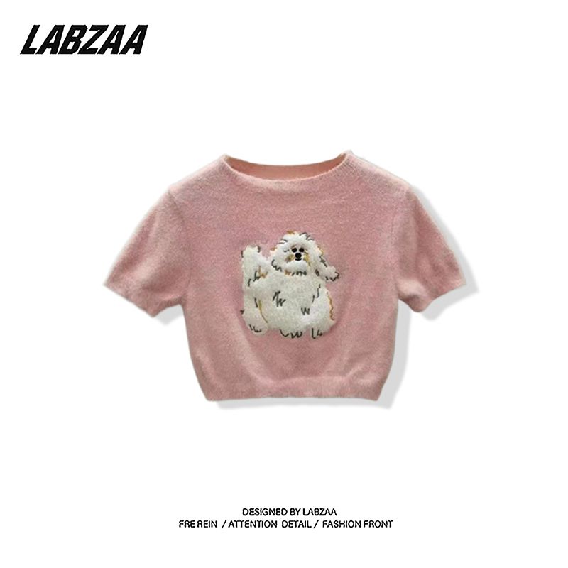 LABZAA pure desire style short-sleeved knitted sweater women's summer fun cartoon puppy pattern hot girl slim short top