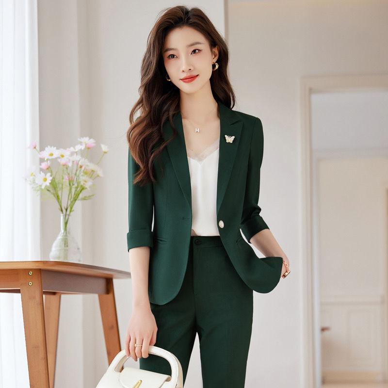 绿色西装外套女春夏新款气质薄款正装职业工作服休闲西服套装