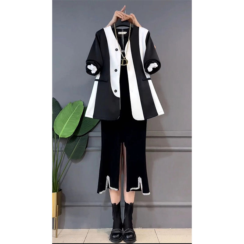 Fat mm temperament V-neck color matching suit jacket slim pants two-piece European fashion large size suit female