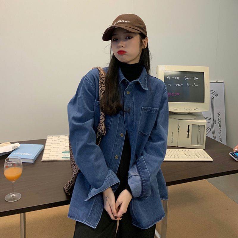 深藍色復古牛仔襯衫女2023年秋季新款寬鬆百搭疊穿襯衫薄款外套潮