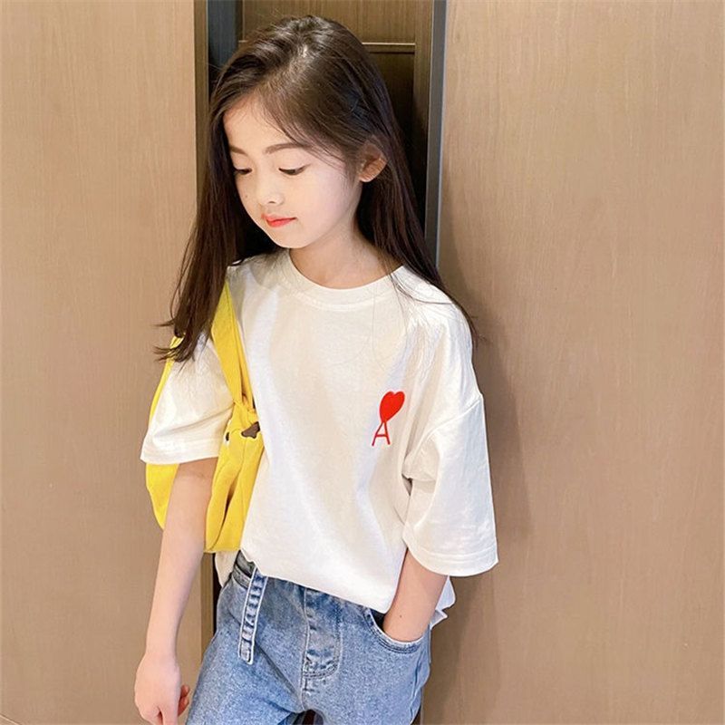 Children's cotton short-sleeved T-shirt  summer new Korean version of the big children's foreign style girls' loose embroidery clothes