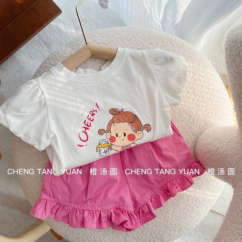 Girls short pants summer cute flower bud pants new female treasure pure cotton foreign style cartoon bubble short-sleeved T-shirt for children