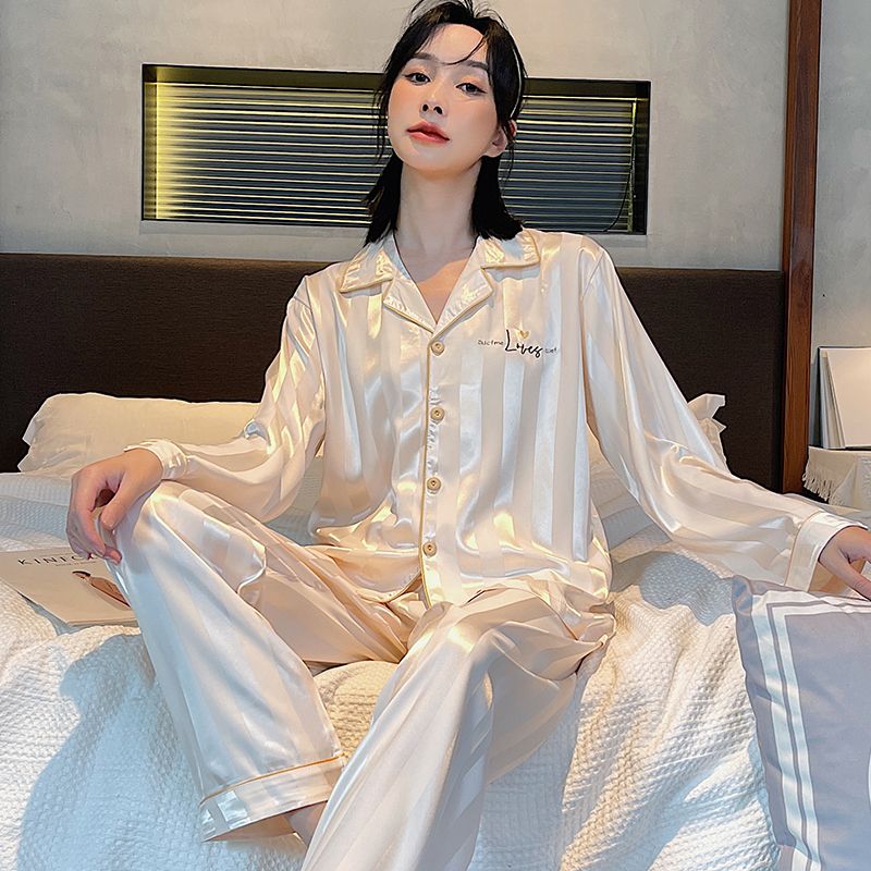 Pajamas women's ice silk jacquard high-value spring and autumn ins sweet long-sleeved cardigan dormitory summer home service suit