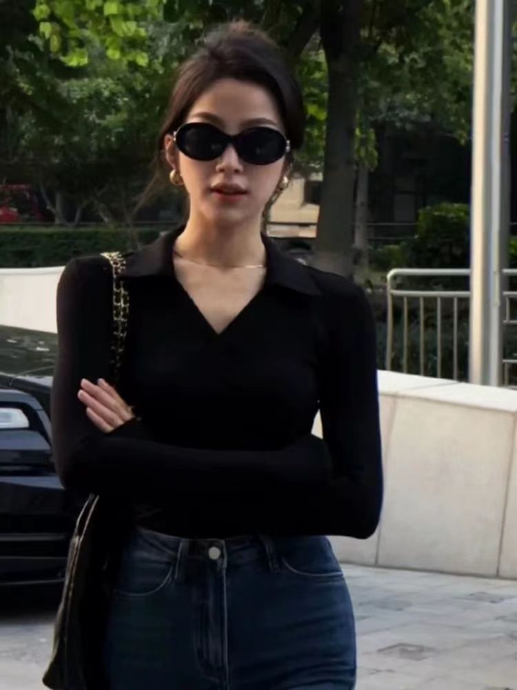 韓系chic甜辣polo領長袖T恤女早春打底衫別致設計感短款高腰上衣