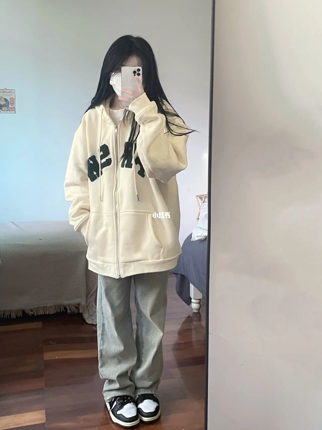 美式hiphop奶杏色连帽卫衣外套女春季薄款ins潮oversize开衫上衣