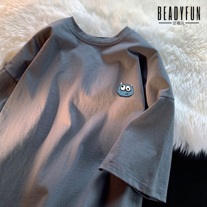 BEADYFUN復古短袖t恤男女夏季簡約印花上衣港風情侶純棉半袖體恤