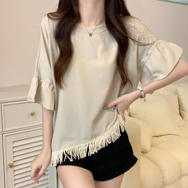 Plus size women's summer fat sister new loose cover belly irregular lotus leaf edge short-sleeved top bottoming shirt women