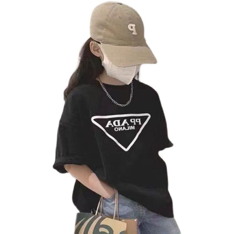 女童夏季儿童纯棉短袖T恤中大女童三角字母印花洋气韩版体恤上衣