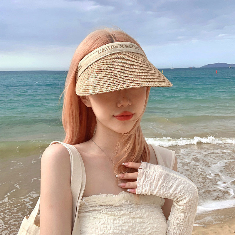拉菲草空顶发箍帽子女网红同款遮阳草帽沙滩紫外线防晒遮脸太阳帽