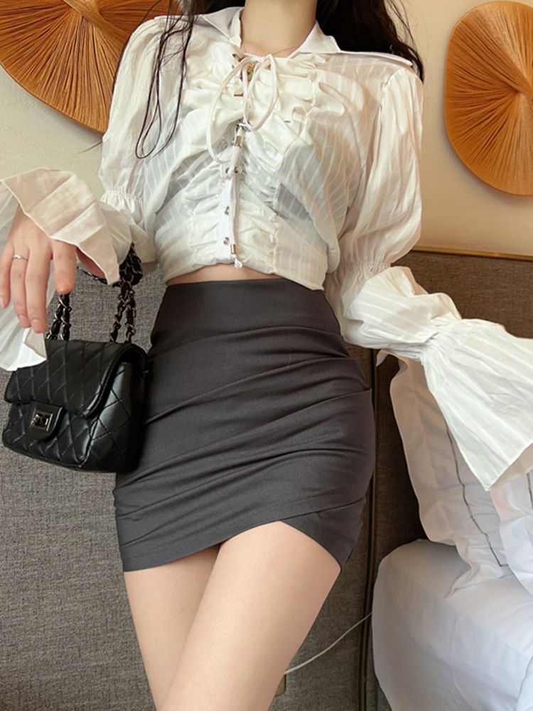 Grey Suit Material Wrapped Hip Short Skirt Women's Half length Skirt  Korean Version High Waist Tight Fold Irregular One Step Skirt