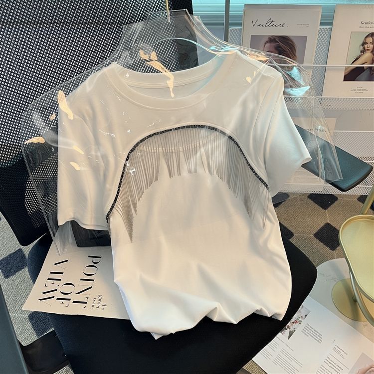 Tassel hollow slim short-sleeved T-shirt women's summer design sense niche unique chic hot girl sexy pure desire top