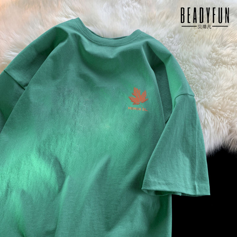 BEADYFUN純棉t恤男女夏季日系簡約楓葉印花寬鬆短袖上衣服情侶裝