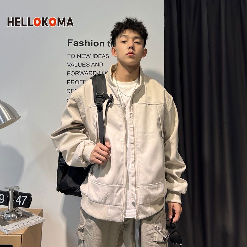 HK American solid color zipper tooling bomber jacket baseball uniform men's coat spring and autumn couple clothes women's tide