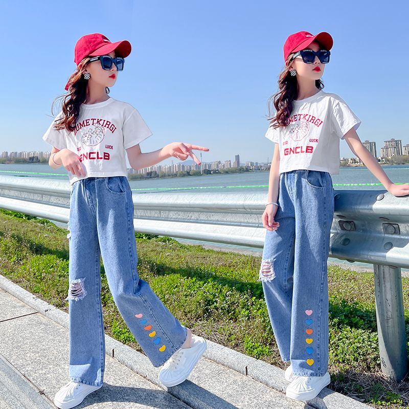 女童夏季套裝2023新款短袖闊腿褲百搭小學生牛仔褲兒童夏天衣服潮