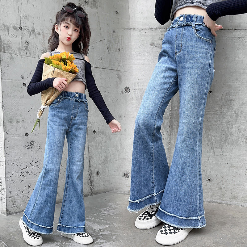 女童牛仔喇叭褲春裝洋氣2023新款褲子中大童女孩修身彈力外穿長褲
