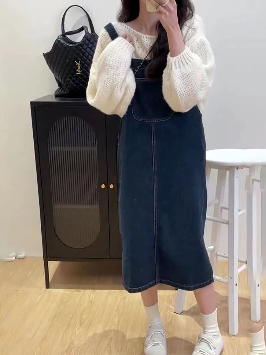 牛仔背帶裙女小個子春秋2023新款減齡日系復古顯瘦中長款連衣裙子