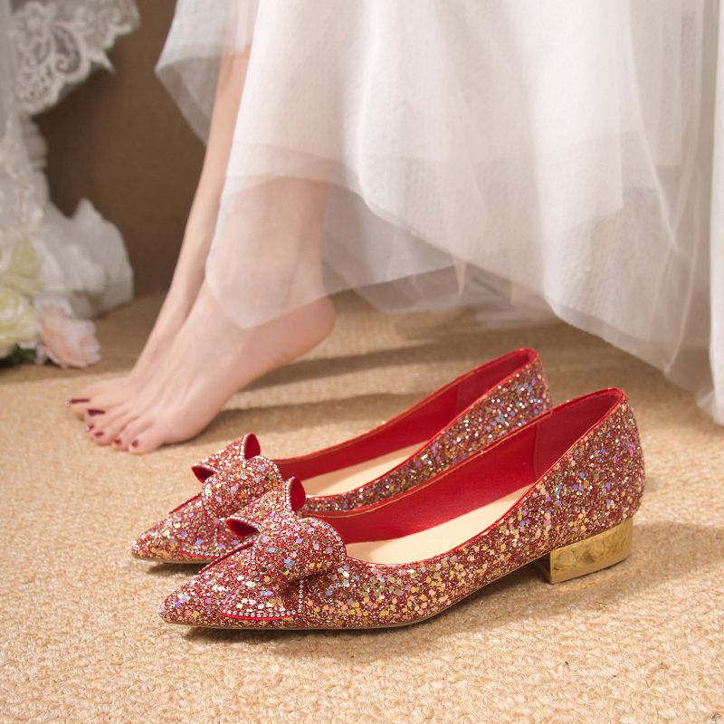 秀禾婚紗兩穿水晶鞋新娘鞋女水鑽婚鞋孕婦可穿平底宴會鞋結婚鞋子