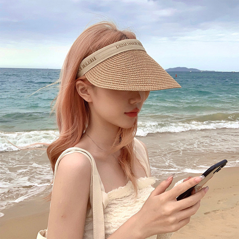 拉菲草空顶发箍帽子女网红同款遮阳草帽沙滩紫外线防晒遮脸太阳帽