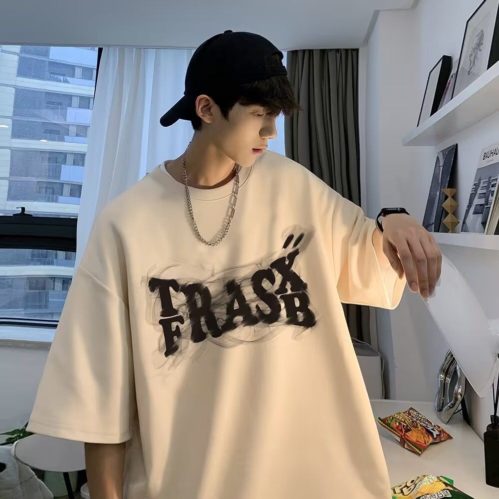 100%純棉重磅t恤美式hiphop煙霧字母印花短袖t恤男寬鬆春夏新款