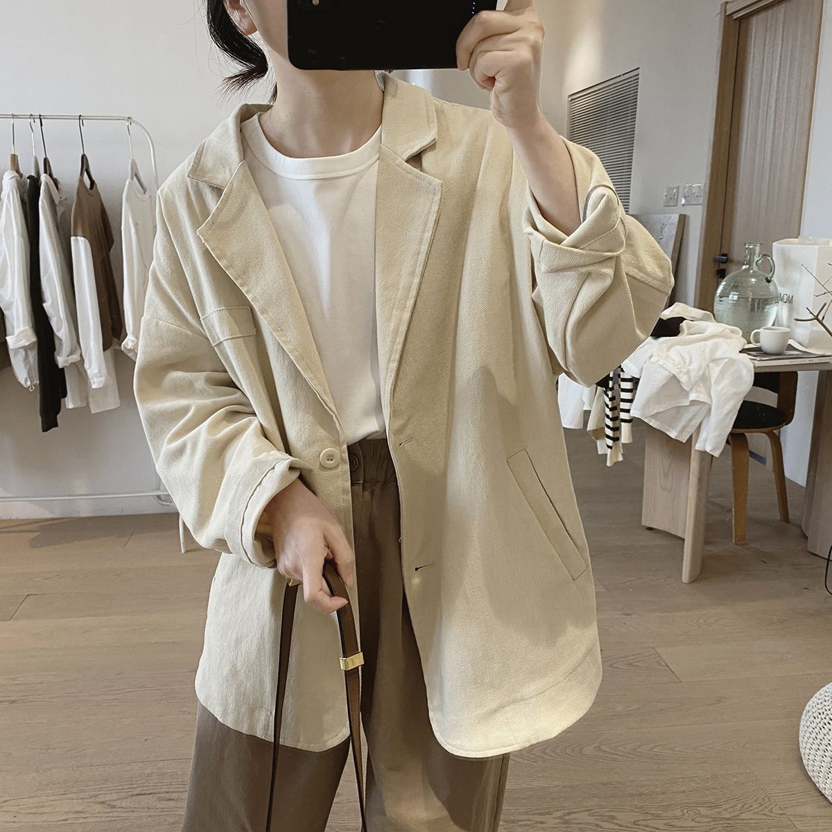 Suit collar pure cotton jacket women's spring and autumn new style loose slimming simple Korean style long-sleeved workwear retro top