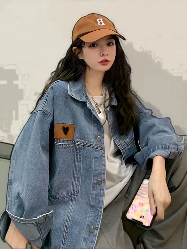 Love label denim jacket female 2023 new tooling style BF loose fashion slim salt long-sleeved top tide
