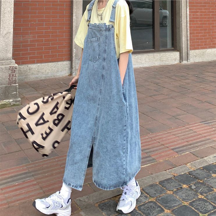 不規則開叉牛仔背帶裙寬鬆慵懶風女春秋小個子長款吊帶連衣裙夏季