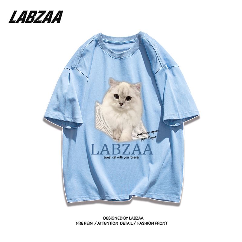 LABZAA pure cotton super fire design cat print short-sleeved T-shirt women's summer loose Harajuku style commuter top